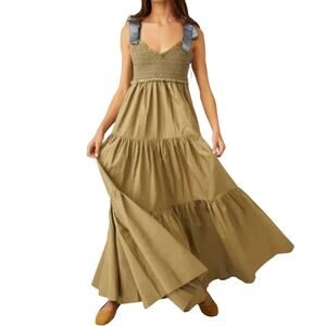 Free People Maxi Dress Small Bluebell Floral Cotton Smocked Green Ribbons Boho